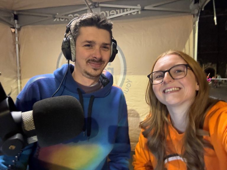 Breakfast with Future Radio Presenter Jamie and Norwich Today Presenter Sarah Presenting the Festive Lights Switch on Outside Broadcast 2024 1 768x576