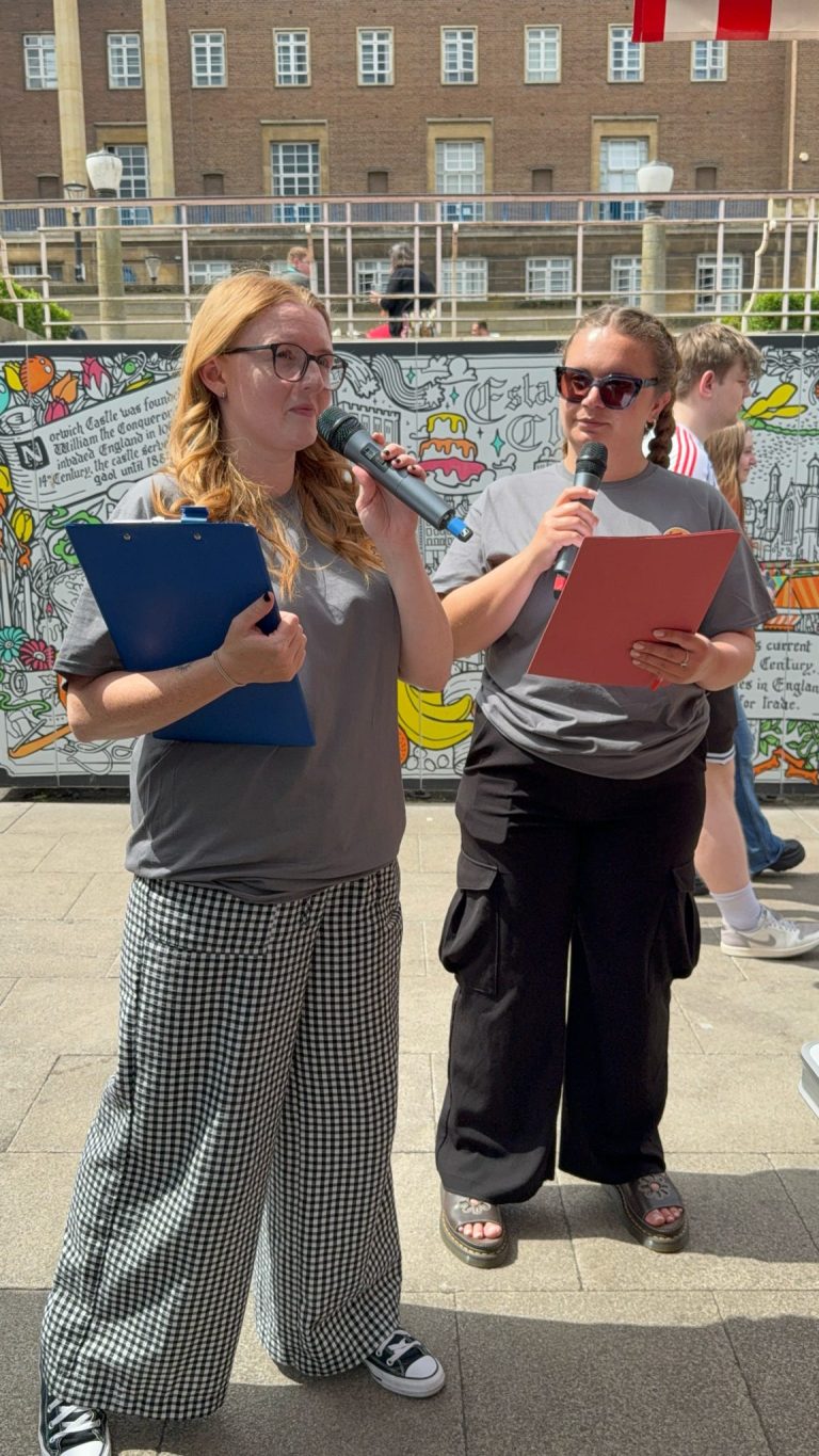Norwich Today Presenter Sarah Production Assistant Kizzie at Future Radios Market Stall 2025 768x1365