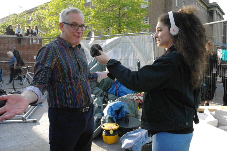 Production Assistant Presenter Emma interviewing Norfolk and Norwich Festivals CEO Daniel Brine 2023 768x512