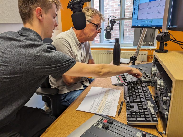 Station Assitant Daniel with Presenter Nigel in Studio B 2024 768x578
