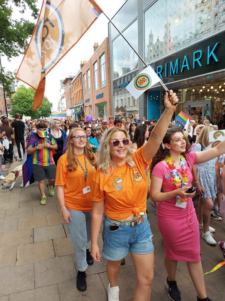 Volunteers Saffie Sarah and Emma at Norwich Pride 768x1029